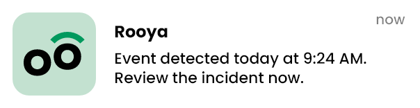Rooya — Event detected today at 9:24 AM. Review the incident now.
