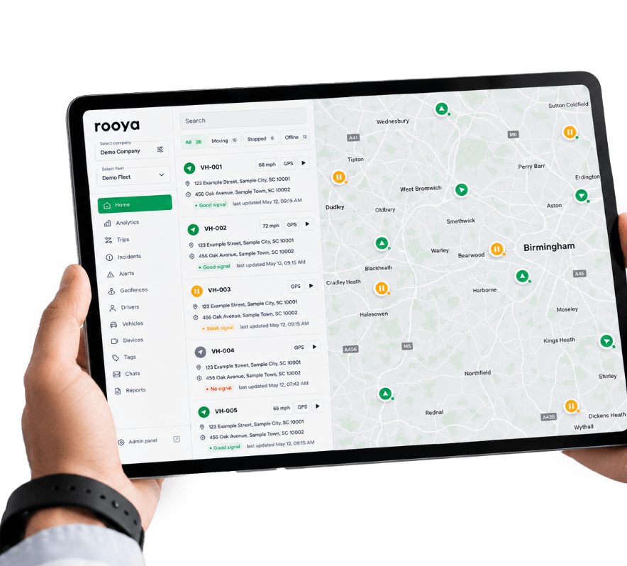 Rooya live fleet view on a tablet
