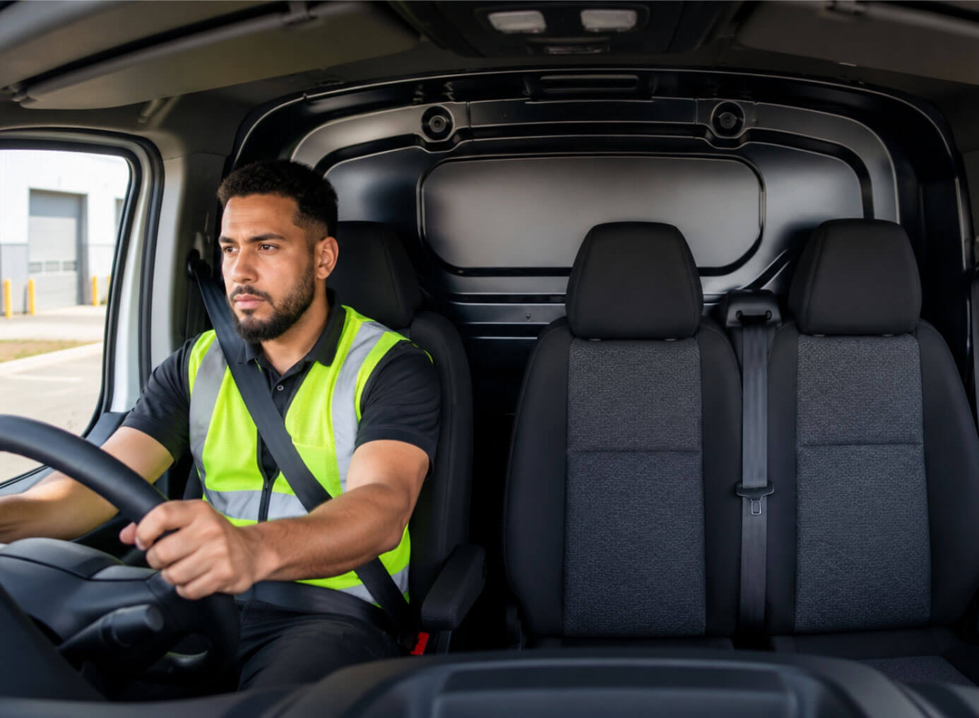 Driver at the wheel of a van, wearing a seatbelt