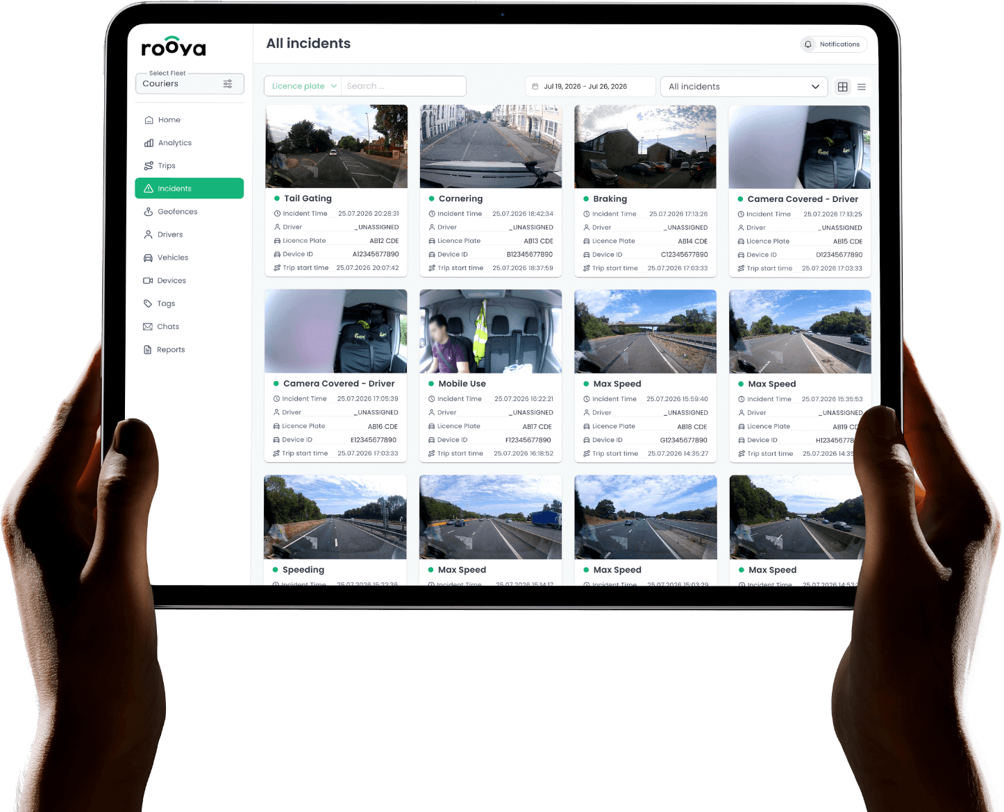 Rooya incidents dashboard on a tablet